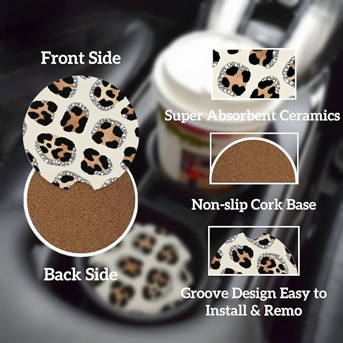 Car Cup Holder Coasters, 2 Pcs Ceramic Coasters with Finger Slot and Cork Back, Anti-Slip Shock Absorbing Women and Men Universal Car Accessories - Art Leopard Print