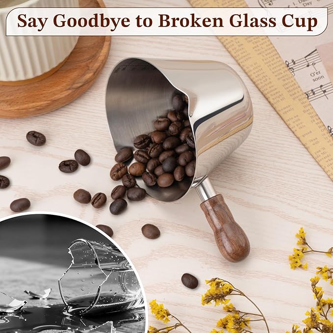 Espresso Cup, 6.8 oz/200 ml Stainless Steel Coffee Shot Measuring Cup with Wood Handle, Double V-Shaped Mouth and Clear Scale for Cappuccino Barista Coffee Bar Accessories, Silver
