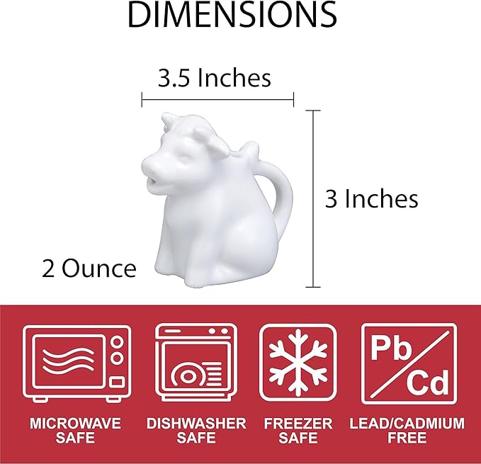 HIC Kitchen Mini Cow Creamer With Handle, Fine Porcelain, 2-Ounce, For Serving Milk, Cream, Syrup, Dressings, And Sauces