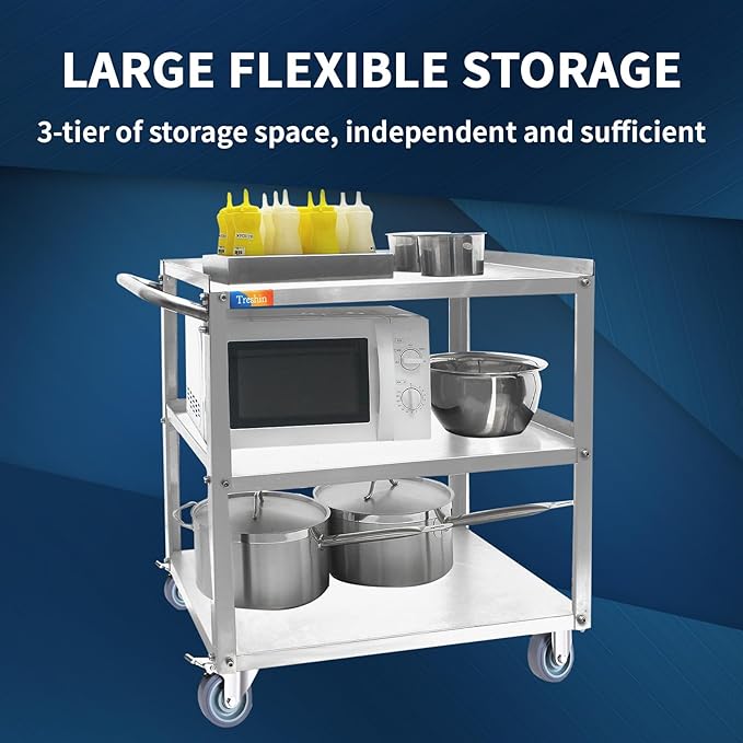 Treshin 3 Tier Stainless Steel Utility Cart Commercial Heavy Duty Rolling Cart Food Storage Service Trolley with Handle and Wheels for Kitchen Restaurant Hospital Lab and Hotel 19" W x 31" L x 34" H
