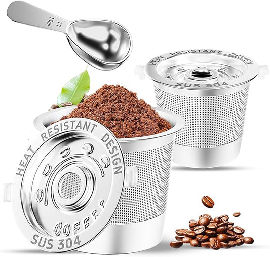 2 Pack Reusable K Cups Coffee Pods for Keurig Single Hole Machine: All Stainless Steel Refillable K Cups - Reusable Coffee Filters for Keurig, SUS 304‌, BPA-Free, Heat Resistant Handles, Scoop