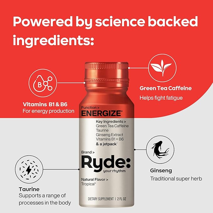 Ryde: Energize Shot | Tropical Flavor | Green Tea Caffeine, Taurine, Ginseng Extract & B Vitamins | 0 Calories, 0 Sugar | 2 FL OZ Shots | Boosts energy* (8 Pack)