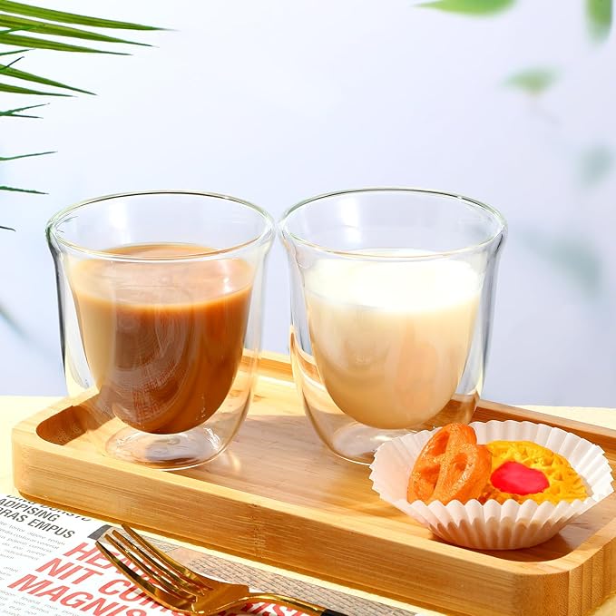 Sieral 8 Pack 8 oz Double Walled Coffee Mugs Glass Espresso Cups without Handle Clear Insulated Demitasse Cups for Cappuccino Tea Latte Beverages