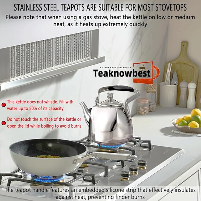 Stainless Steel Teapot with Infuser, Loose Leaf Tea Pot 68oz, Stovetop Safe Tea Kettle, Dishwasher Safe (2000ml)