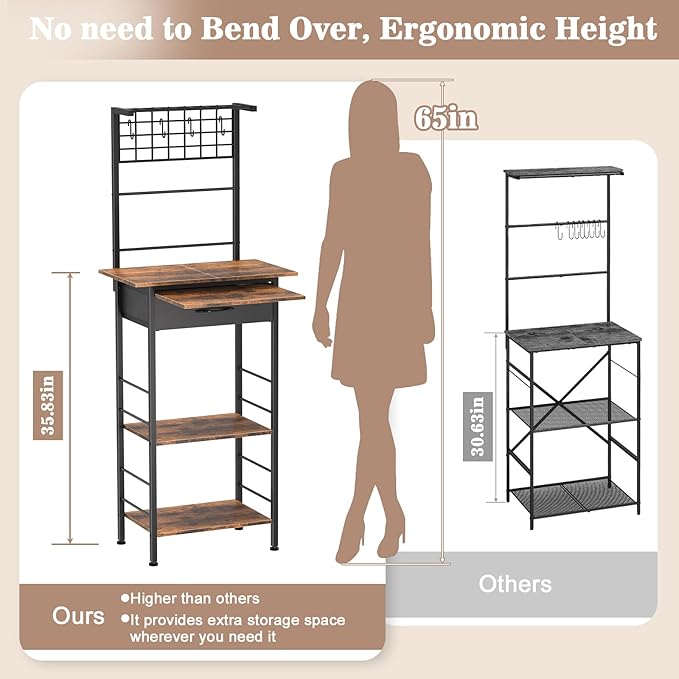 Coffee Bar Station,5 Tier Coffee Stand with Organizer Storage Drawers,Kitchen Corner Bakers Rack with 4 S-Shaped Hooks & Dual Wood,Kitchen Shelf for Small Spaces, Living Room ,Entryway (Rustic Brown)