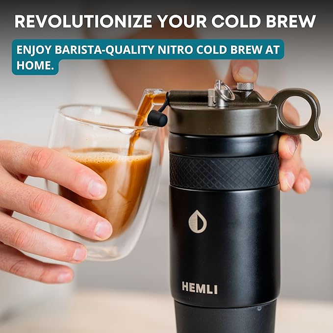 Nitro Cold Brew Coffee Maker 12 oz Ceramic-Lined, Tritan Cup, Pressure Gauge, Stores 3 Nitrogen Gas Bulbs Custom Designed for Cold Brew and Nitro Drinks