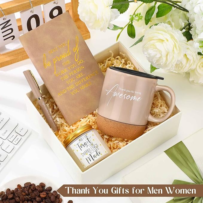 4 Pcs Thank You Gift Set for Men Women Employee Coworker Gifts Inspirational Appreciation Notebook Coffee Mug Scented Candle Pen for Valentine's Day Team Office Staff Nurse Volunteer Teacher