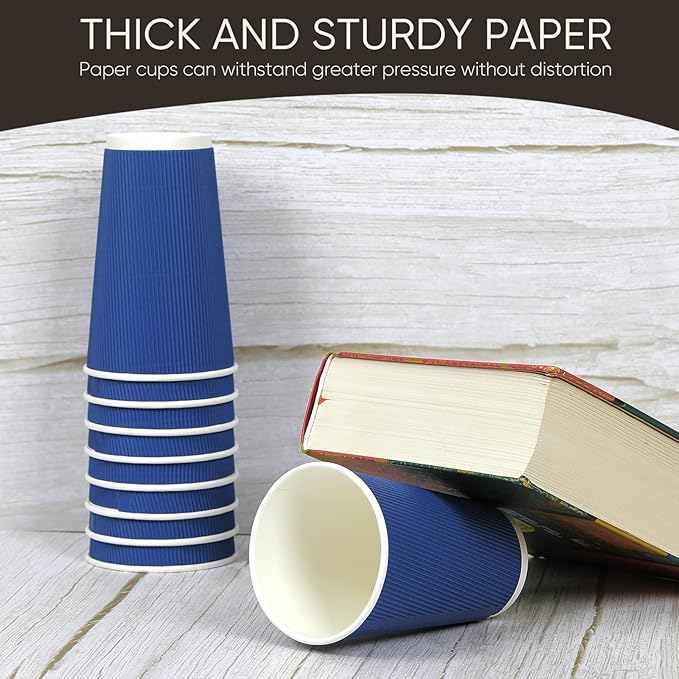 Coolcap 100 Pack 16 oz Disposable Coffee Cups with Lids and Straws, Insulated Ripple Wall To Go Paper Corrugated Cups, Bulk for Hot/Cold Drinks, Cafe Bar, Office, Chocolate, Cocoa (Navy)