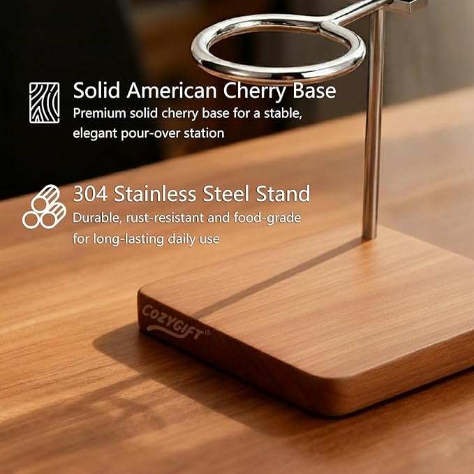 COZYGIFT Pour Over Coffee Stand with Solid Cherry Base, Adjustable Coffee Dripper Stand, Wooden Brewing Station, Cone Holder, Elegant Gift for Brew Enthusiasts, Home Barista & Kitchen Décor
