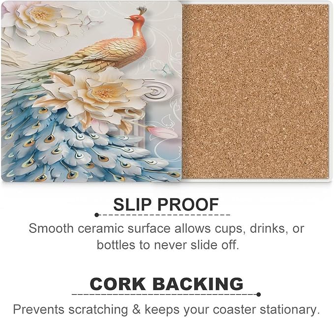 Peacock Drink Coasters, Square Ceramic Drink Coaster Square-6PCS, Vintage Country Flower Beautiful Peacock Floral Decor Absorbent Ceramic Coasters for Beverage Cup, Bar, Coffee Table