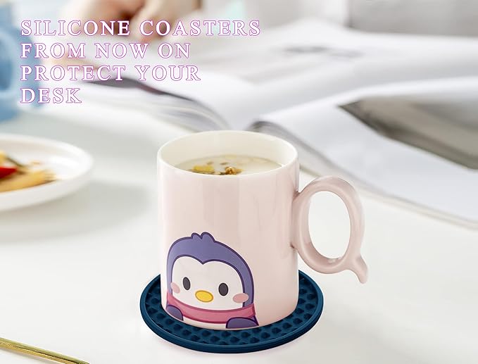 Coasters for Drinks 6 Pcs Drink Coaster with Holder,Heat Resistant Silicone Cup Mat Tabletop Protection,Non-Slip Rubber Coasters for Kinds of Cups (Blue)