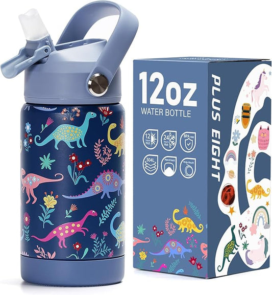 Kids Insulated Water Bottle with Straw Lid, 12 oz BPA-FREE Double Wall Vacuum Tumbler 18/8 Stainless Steel Leak Proof Kids Cups with Straw for School Travel Boys Girls (Dinosaur)