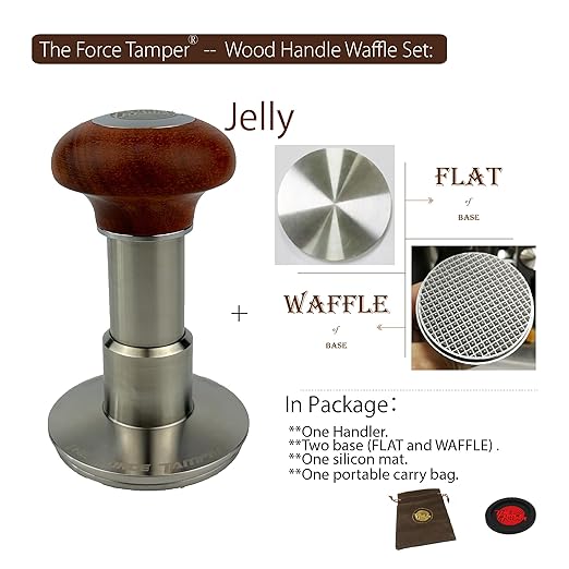 The Force Tamper Automatic Impact Adjustable Constant Pressure and Autoleveling Coffee Tamper Reddish Brown Jellyfish Wooden Handle Set Pro (Waffle-Set, 58.50mm)