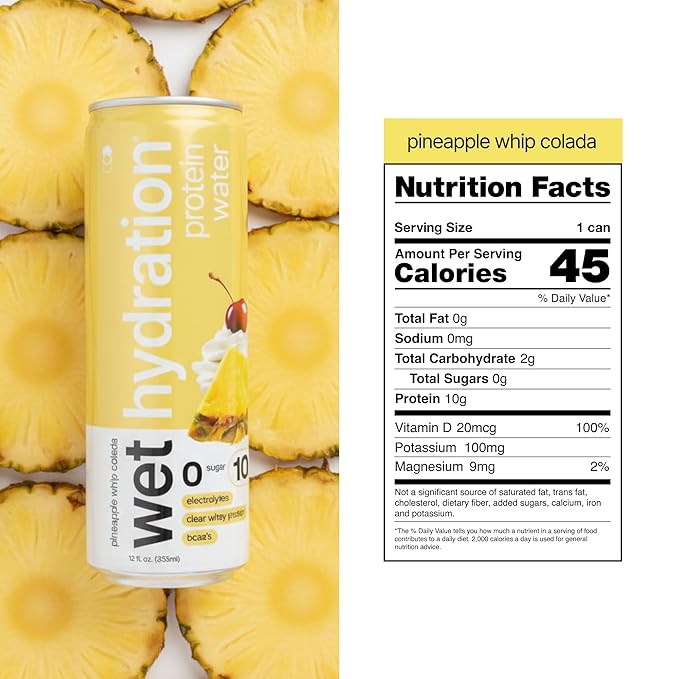 Wet Hydration | Functional Wellness Water, Non-Carbonated - Pineapple Whip Colada (12 fl. oz.| Pack of 12) - Zero Calorie Hydration Drink with Electrolytes, Clear Whey Protein, BCAAs, Protein Water, No Sugar, No Artificial Ingredients