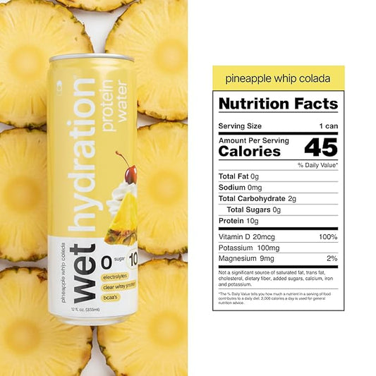 Wet Hydration | Functional Wellness Water, Non-Carbonated - Pineapple Whip Colada (12 fl. oz.| Pack of 12) - Zero Calorie Hydration Drink with Electrolytes, Clear Whey Protein, BCAAs, Protein Water, No Sugar, No Artificial Ingredients