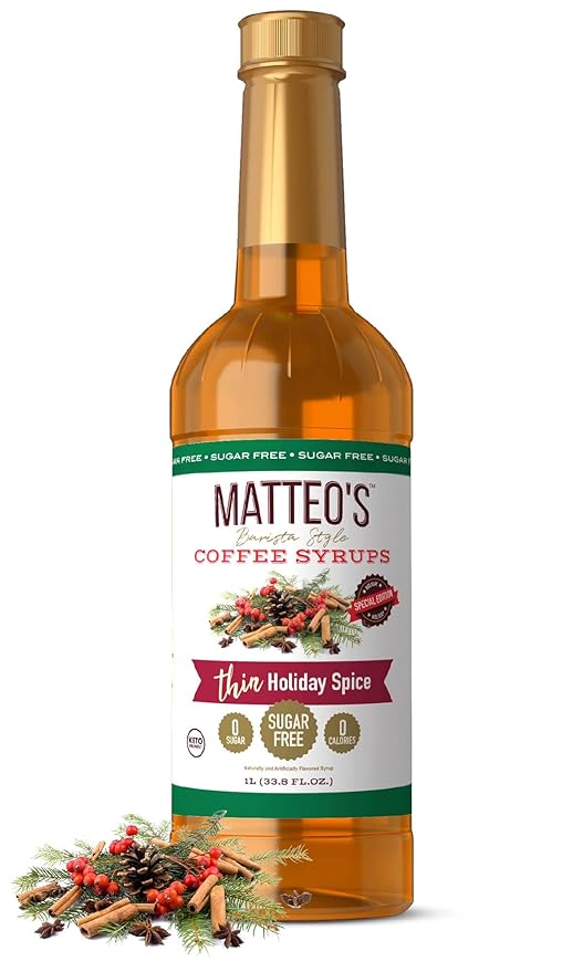 Matteo's Holiday Spice Syrup for Coffee, Lattes, Cappuccinos & Desserts – Sugar-Free Sweetener for Beverages, Keto Friendly, Zero Calories, Indulgent Flavor, Non-Alcoholic, 33.8oz (1pk)
