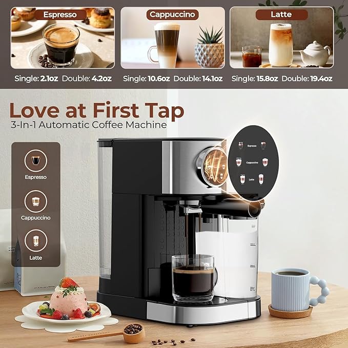 Espresso Machine 20 Bar, Super Compact Espresso Maker Stainless Steel with Touch Screen, Professional Coffee Machine, Automatic Milk Frother for Cappuccino