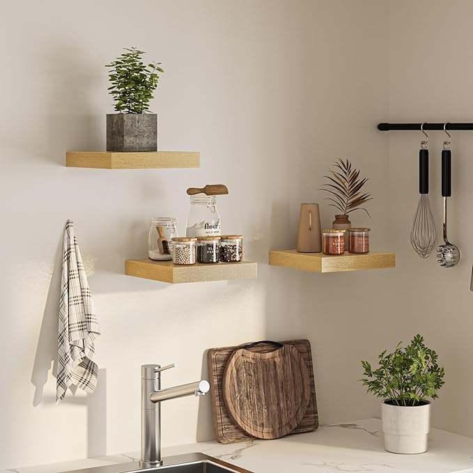 Square Floating Shelves for Wall, 12" W x 12" D x 1.2" H, Small Wooden Wall Mounted Display Shelves with Invisible Brackets for Living Room, Bedroom, Bathroom, Kitchen Decor, Set of 3, Oak