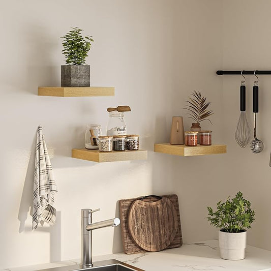 Square Floating Shelves for Wall, 12" W x 12" D x 1.2" H, Small Wooden Wall Mounted Display Shelves with Invisible Brackets for Living Room, Bedroom, Bathroom, Kitchen Decor, Set of 3, Oak