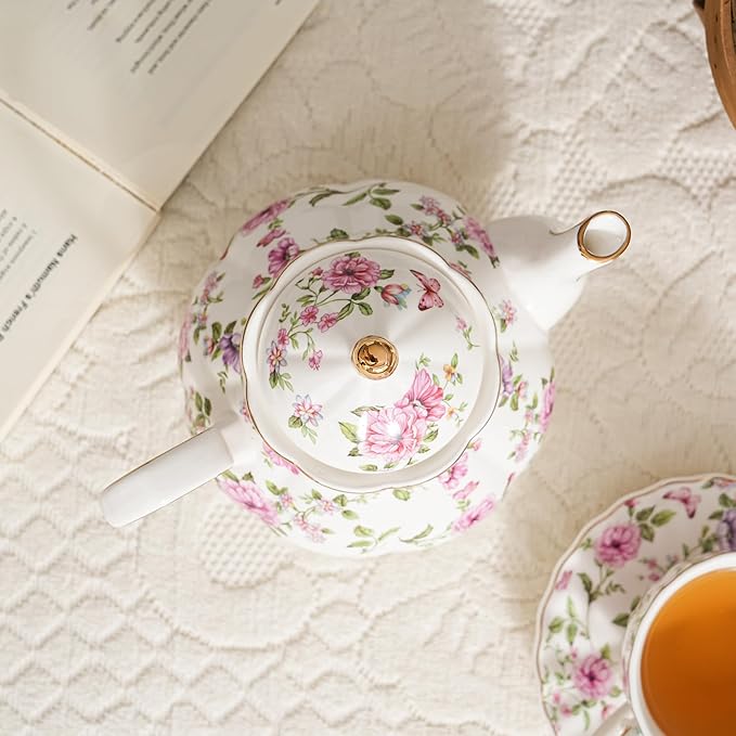 Flower Ceramic Teapot,22oz Porcelain Tea pot for Tea Coffee Milk for Office Home Men Women as Gift (White and big flowers)