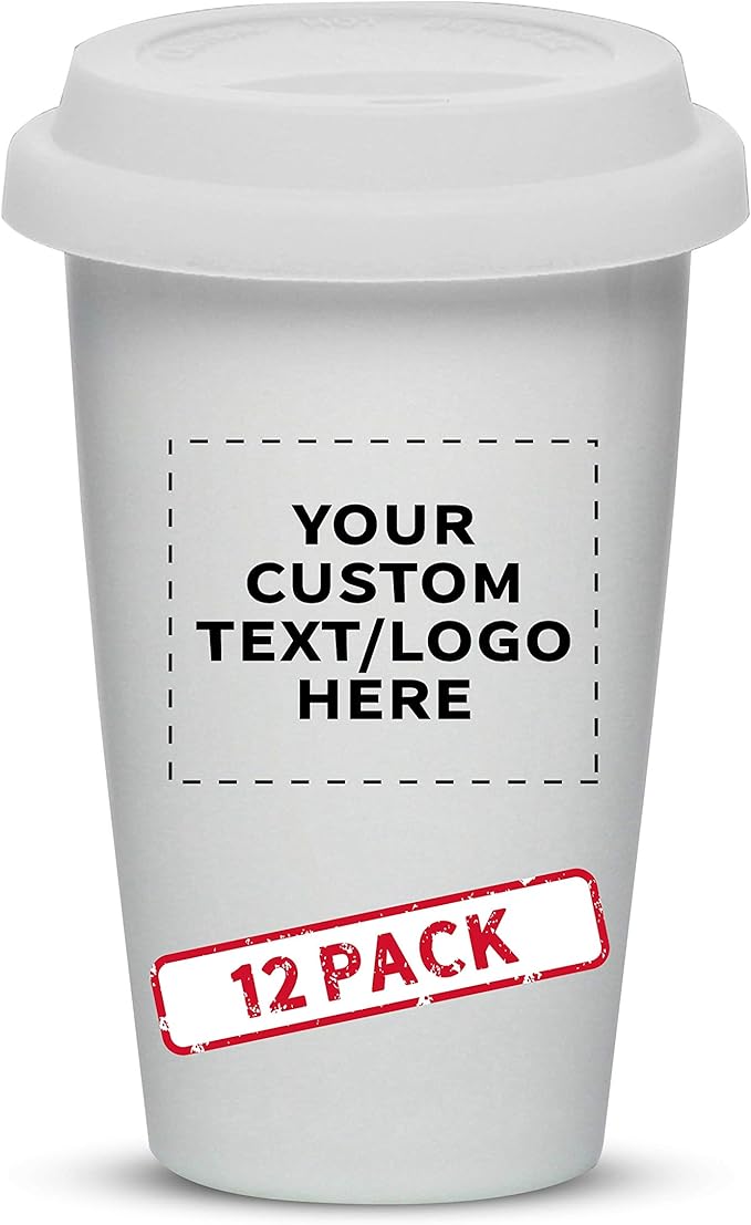Personalized 11 oz. Double Wall Ceramic Tumblers with Lid - 12 Pack - Custom Text, Logo - White
