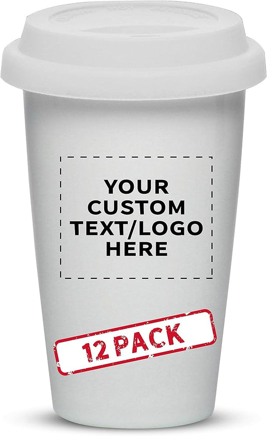 Personalized 11 oz. Double Wall Ceramic Tumblers with Lid - 12 Pack - Custom Text, Logo - White