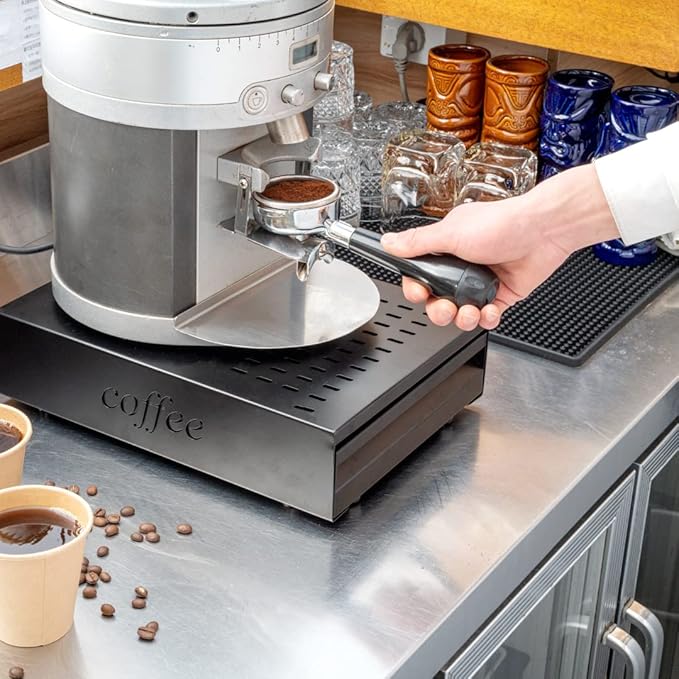 Restaurantware Restpresso 13.5 x 9.75 x 3.75 Inch Espresso Knock Box 1 Vented Coffee Knock Box - Detachable Drawer Silicone Knock Bar Black Stainless Steel Coffee Grounds Knock Box Durable