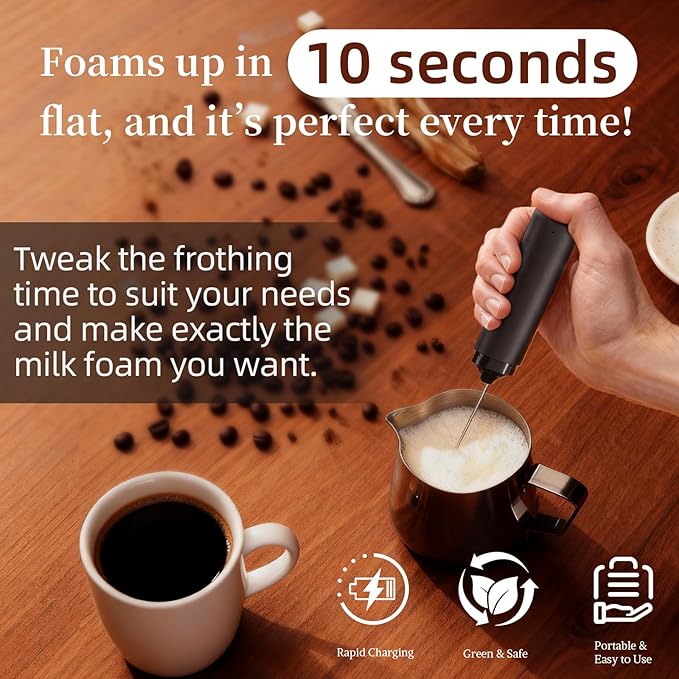 Electric Milk Frother Rechargeable with Cover, Portable Coffee Whisk Frother Black, Compact Electric Beverage Stirrer Wand for Latte, Cappuccino, Kitchen, Outdoor