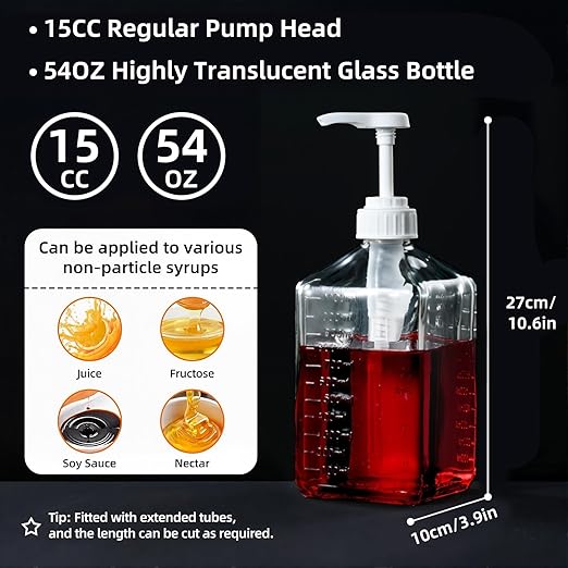 Large Capacity Syrup Dispenser for Coffee Bar, 37oz 1100ml Glass Syrup Bottle w Measuring Cup and Funnel, Dispenser Bottle w Upgraded Pump