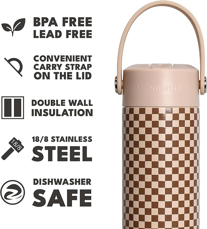 Elemental 24oz Insulated Water Bottle with Straw - 100% Leak-Proof Stainless Steel Core Water Bottles for Travel, Sports and Gym - Double Wall Insulation & BPA Free - Brown Check