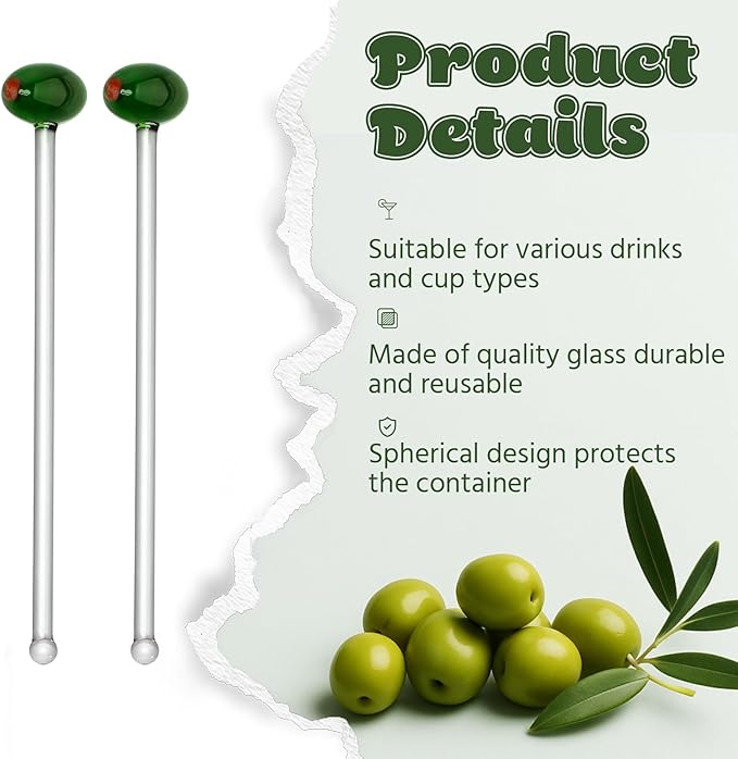 12 Pcs Glass Martini Drink Stirrers 7 Inch Olive Swizzle Sticks for Cocktails Coffee Reusable Olive Beverage Stir Sticks for Birthday Party Coffee Bar Kitchen Bar Weddings