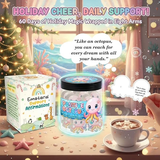 Positive Octopus Jar with 60 Daily Affirmation Cards, Emotional Support Octopus Decor, Inspiring Gift for Women and Men, Cute Motivational Desk Jar Offering Encouragement for Friends or Coworkers