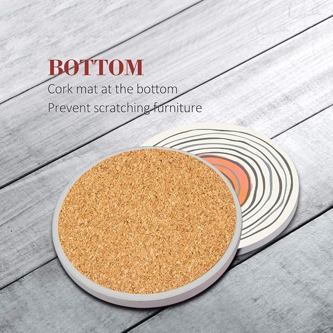 Britimes Coaster for Drinks Set of 6, Watercolor Doodle Circles Flower Absorbent Round Ceramic Stone Mat, with Cork Base and Metal Holder, Gift for Housewarming Room Bar Decor