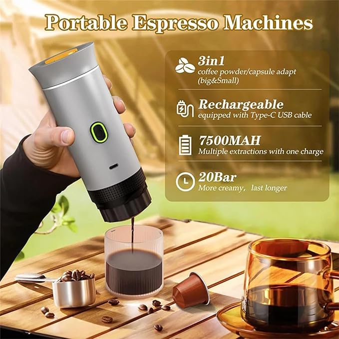 Espresso Portable 3-in-1 Capsule Coffee Maker with 7500mAh Battery, 120ml Cup Capacity, 50+ Extractions, Fast Heating & Waterproof Design【silvery】