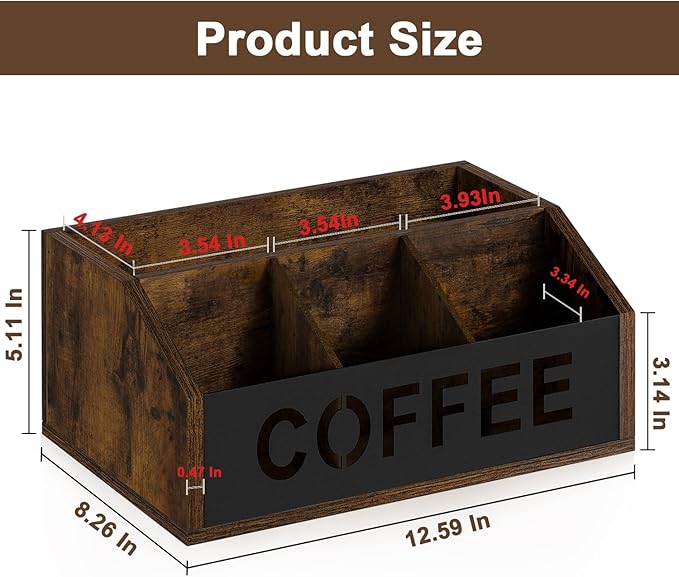 YINMIT Coffee Station Organizer for Countertop, Wood Coffee Bar Organizer with Removable Dividers for Pods, Syrup, Cups, Stirrer, Tea - Office Bar Accessories (Iron Sheet-Vintage Brown, 1 Tier)