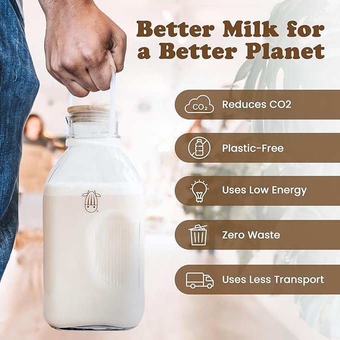 Almond Cow - Glass Pitcher with Lid and Spout, Glass Bottle Milk Container for Refrigerator, Clear Milk Jar Bottles, Food-Grade Liquid Container - 60 fl oz Capacity, 5 x 4 x 10 Inches