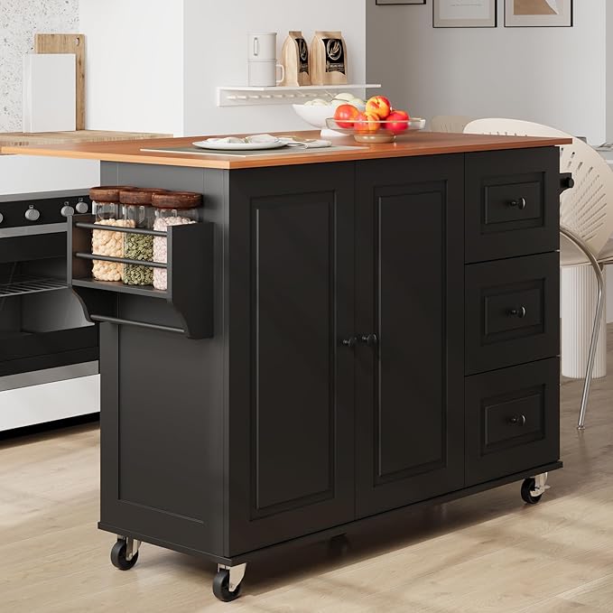 Mobile Kitchen Island with Drop Leaf, Rolling Kitchen Cart with 3 Drawers, Kitchen Storage Cabinet on Wheels, Island Table with Towel and Spice Rack for Dining Room, Living Room, Black