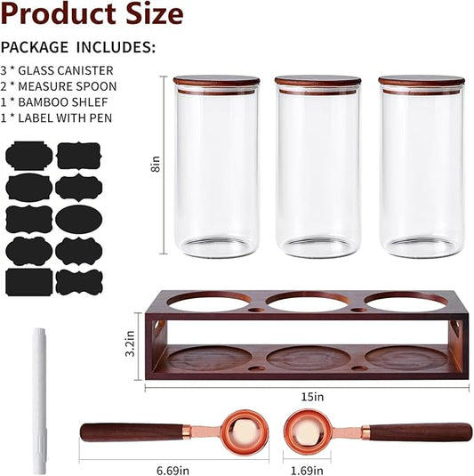 ZOMUIA Glass Coffee Containers Airtight Coffee Bean Storage Canisters with Shelf, 3Pcs 44oz Coffee Station Organizer, Kitchen Food Storage Jars for Sugar, Candy, Oats, Nuts (Retro)