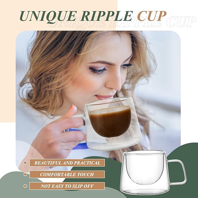 Rtteri 6 Pcs 6.7 oz Double Wall Glass Coffee Mugs Espresso Mugs with Square Handle Glass Cappuccino Cups Tea Clear Coffee Insulated Cups Gift Set for Latte Tea Bag Beverage Cafe Kitchen
