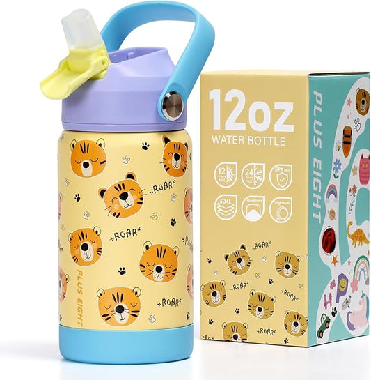 Kids Insulated Water Bottle with Straw Lid, 12 oz BPA-FREE Double Wall Vacuum Tumbler 18/8 Stainless Steel Leak Proof Kids Cups with Straw for School Travel Boys Girls (Tiger)