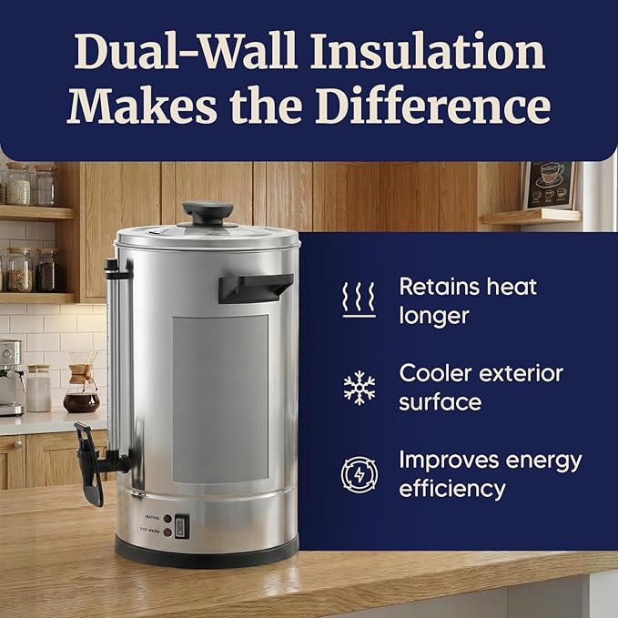 Elite Gourmet 100-Cup Commercial Coffee Urn & Hot Water Boiler – Dual-Wall Insulated, Tested to Keep Coffee Hot for 24 Hours, Dripless Faucet, Stainless Steel for Offices, Churches & Catering