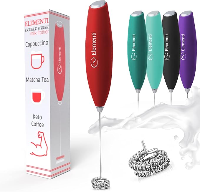 Elementi Milk Frother Handheld Double Whisk - Coffee Frother Electric Stirrer - Matcha Whisk & Drink Mixer Handheld - Hand Held Mixer Wand (Red)
