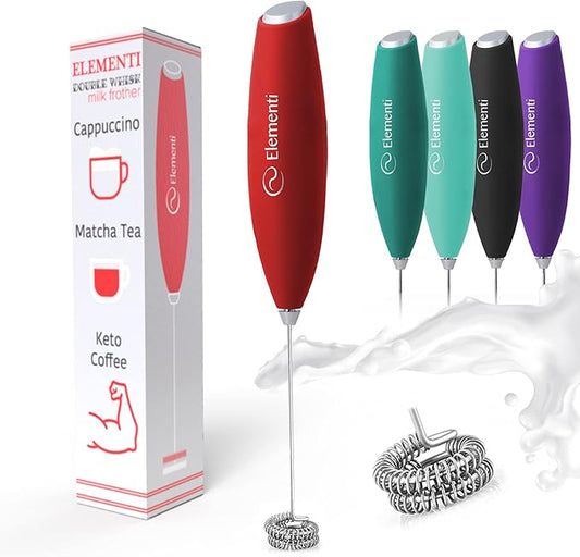 Elementi Milk Frother Handheld Double Whisk - Coffee Frother Electric Stirrer - Matcha Whisk & Drink Mixer Handheld - Hand Held Mixer Wand (Red)