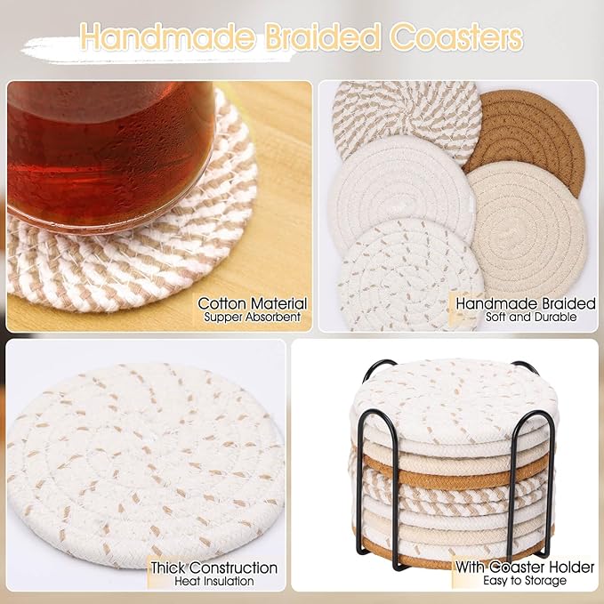 Billbotk 10 Pieces Boho Coasters for Drinks, Absorbent Drink Coasters Set for Home Decor, Fall Decorations for Home and Farmhouse, 4.3 Inches