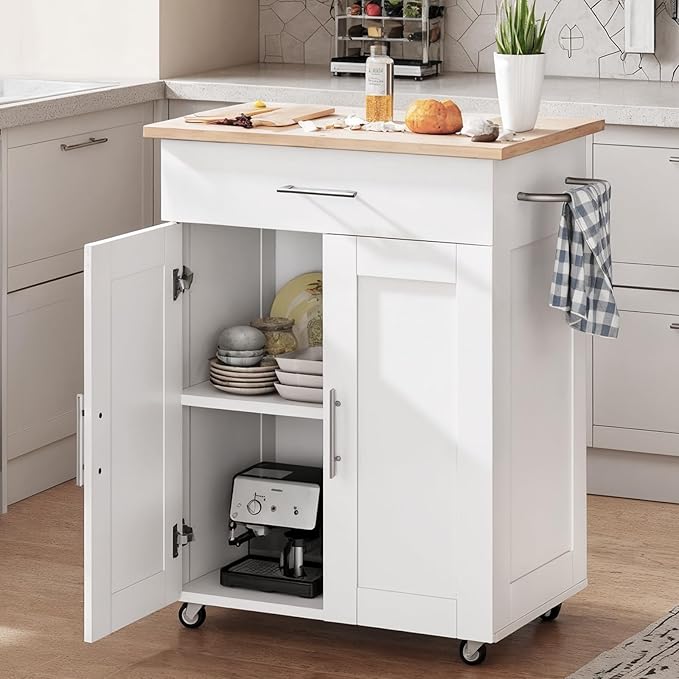 Kitchen Island Cart, Small Kitchen Island with Storage - Large Drawer, Adjustable Shelf & Towel Rack, Mobile Rolling Kitchen Island with Wheels, Space-Saving White Kitchen Organizer for Dining Room