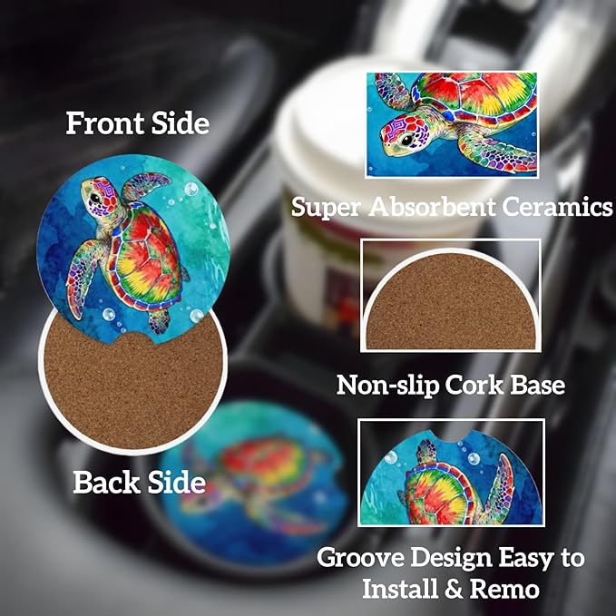Car Cup Holder Coasters, 2 Pcs Ceramic Coasters with Finger Slot and Cork Back, Anti-Slip Shock Absorbing Women and Men Universal Car Accessories - Colorful Sea Turtle