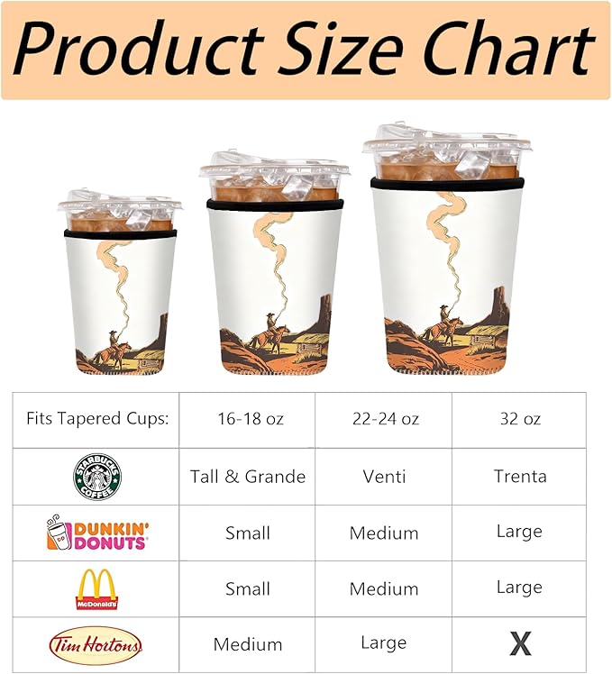 Neoprene Iced Coffee Sleeve 3 Pack, Reusable Insulated Cup Holder with Vintage Western Cowboy Pattern, Fits 16–32 oz Tumblers, Compatible with Starbucks & Dunkin