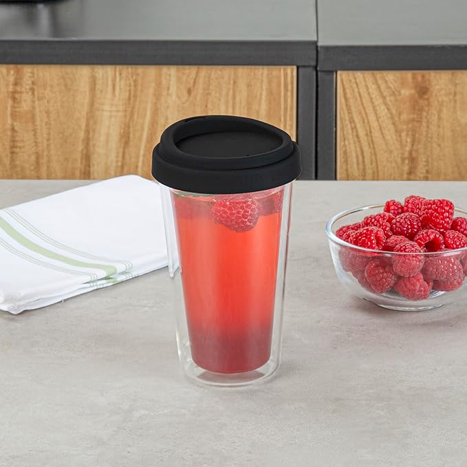 Restaurantware Glass Travel Mug 1 Count 14 Ounce Double Wall Borosilicate Reusable Coffee Cup, Spill-Resistant Black Silicone Lid, Clear Drinkware Mug for Hot and Cold Beverages
