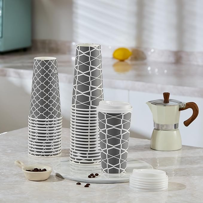 JOLLY PARTY Disposable Coffee Cups with Lids -20 oz (100 Sets) To Go Cups, Paper Coffee Cups for Beverages Espresso Tea, Suitable for Cafes, Offices and Home