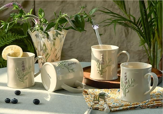 Artisanal Handcrafted Ceramic Mug with Sage Botanical Design - 10oz Off-White Stoneware Coffee Cup, Elegant Purple Sage Pattern, Dishwasher Safe, Comfort Grip Handle for Daily Use-4pack
